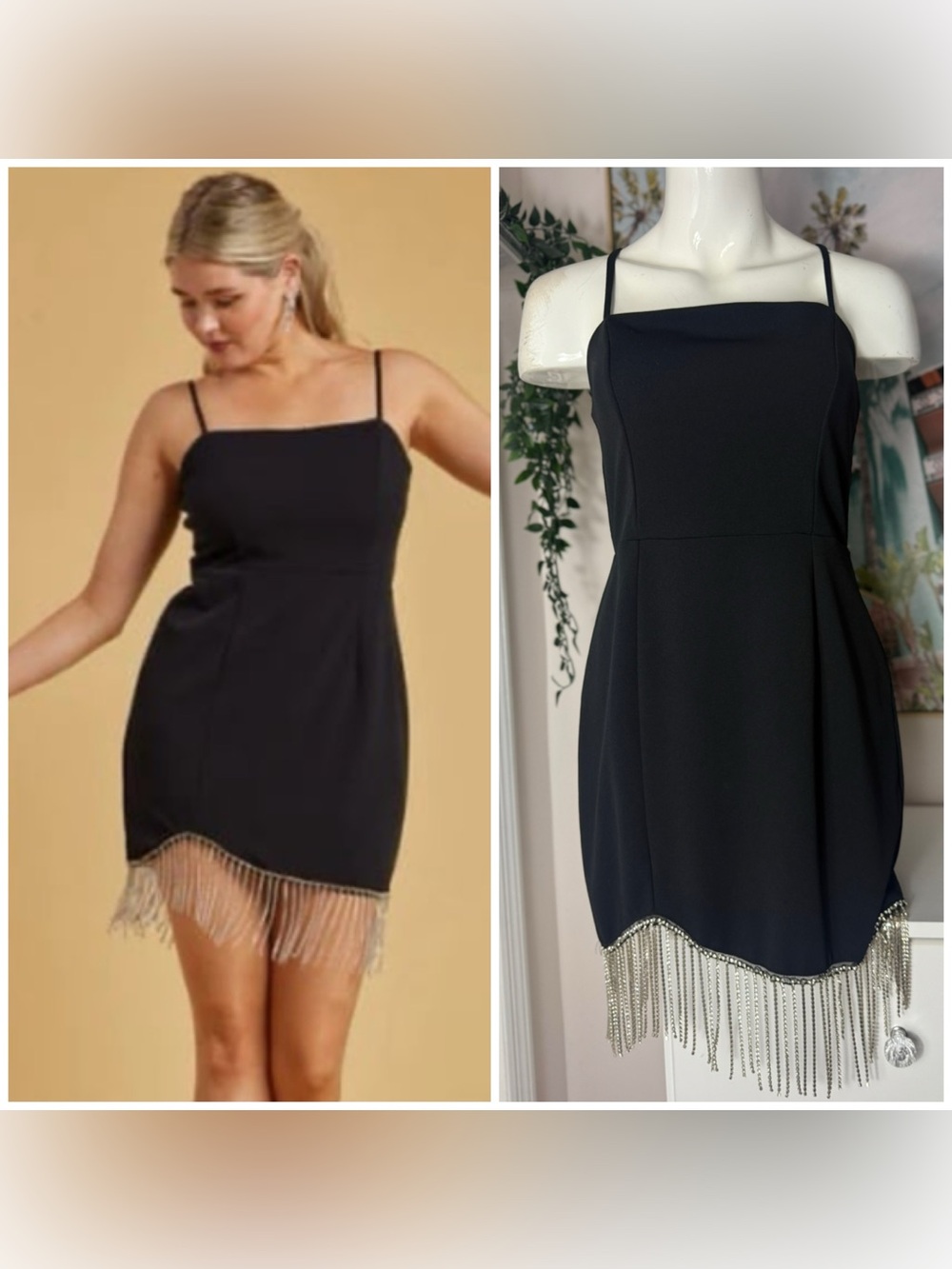 Trixxi Black Silver Rhinestone Chain Fringe Mini LBD Dress Size Large